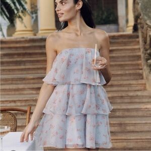 NWT Abercrombie & Fitch Blue Floral Strapless Tiered Mini Dress Size Large